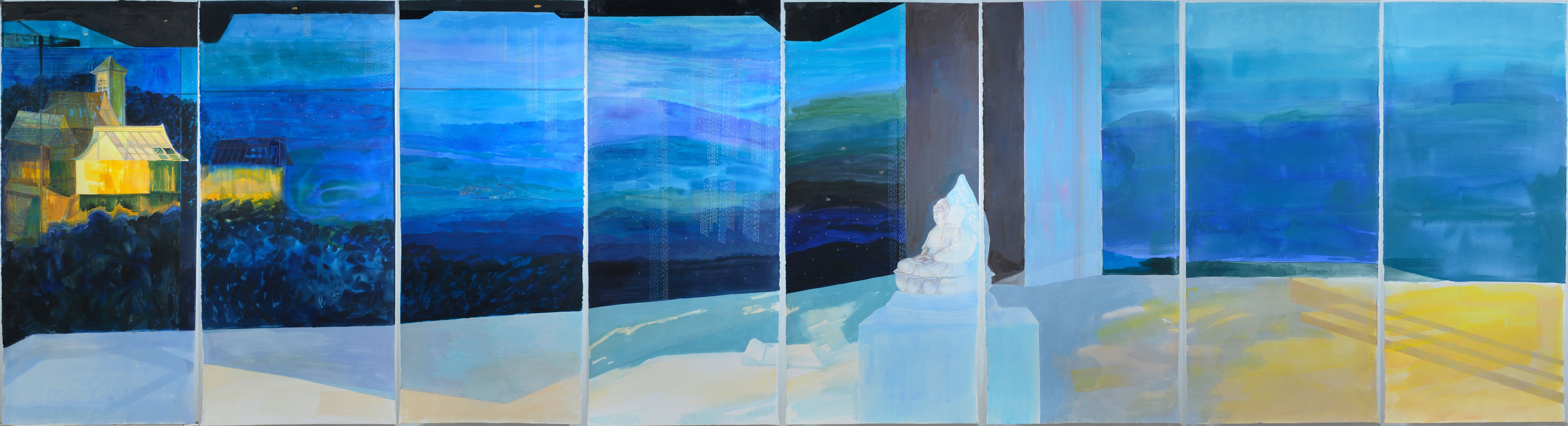 Practice Wonderland - The Kwun Yam Temple on Lantau Island<br> Water Colour and Luminance on Paper 117 x 53cm x 8 screens